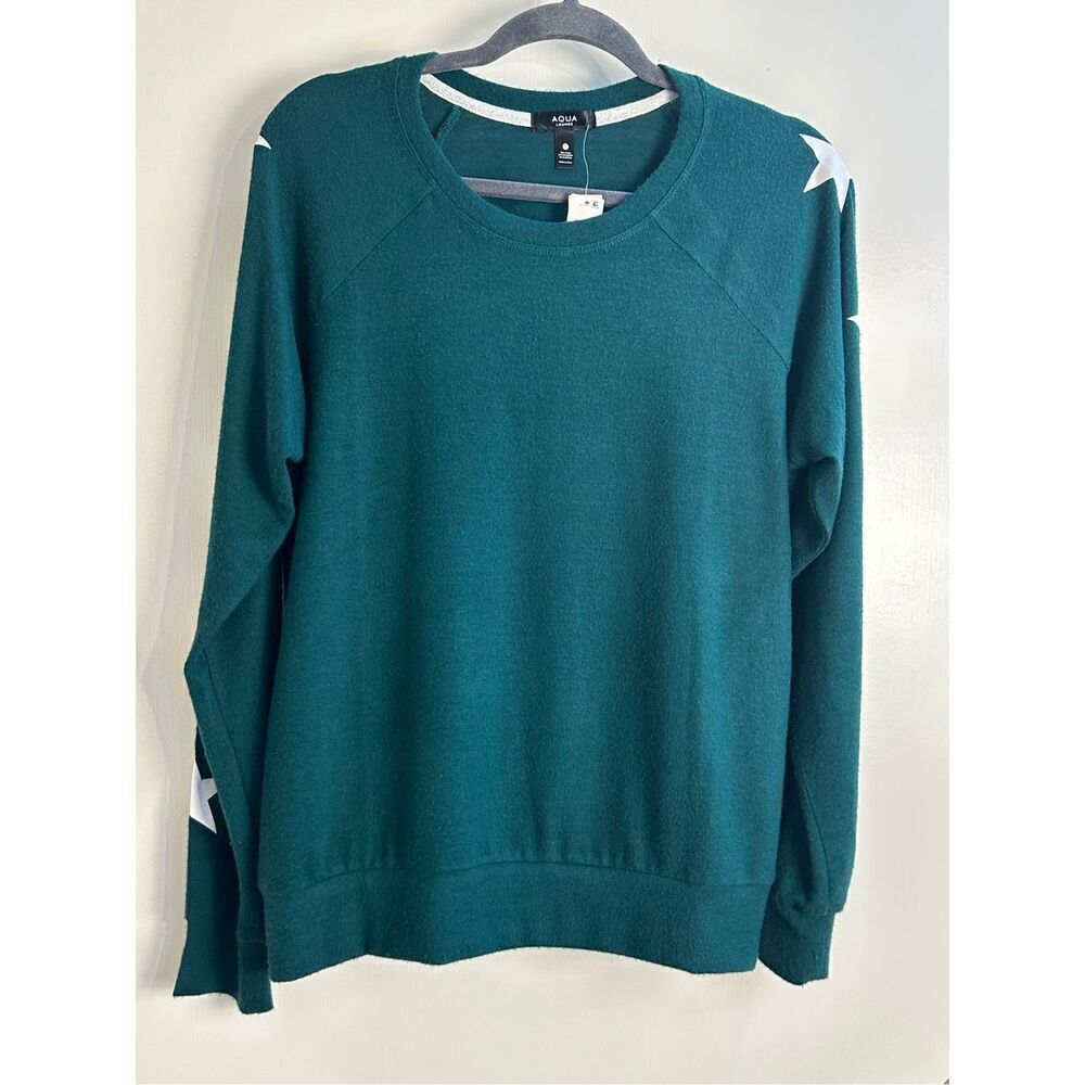 Aqua NWT sz L teal green fuzzy sweater top with stars on sleeves